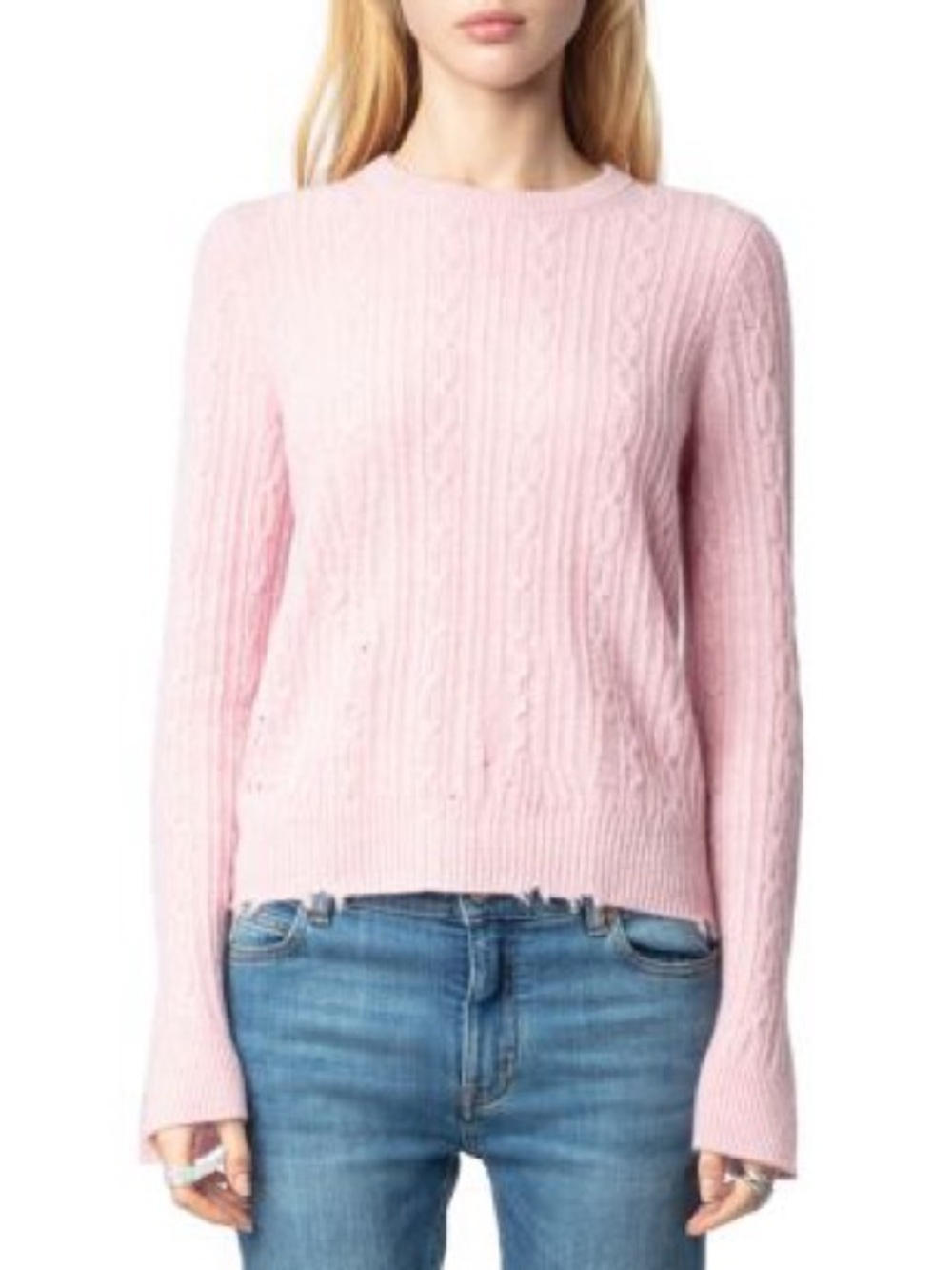 NWT Zadig & Voltaire Light Pink Cashmere Distressed Crewneck Sweater